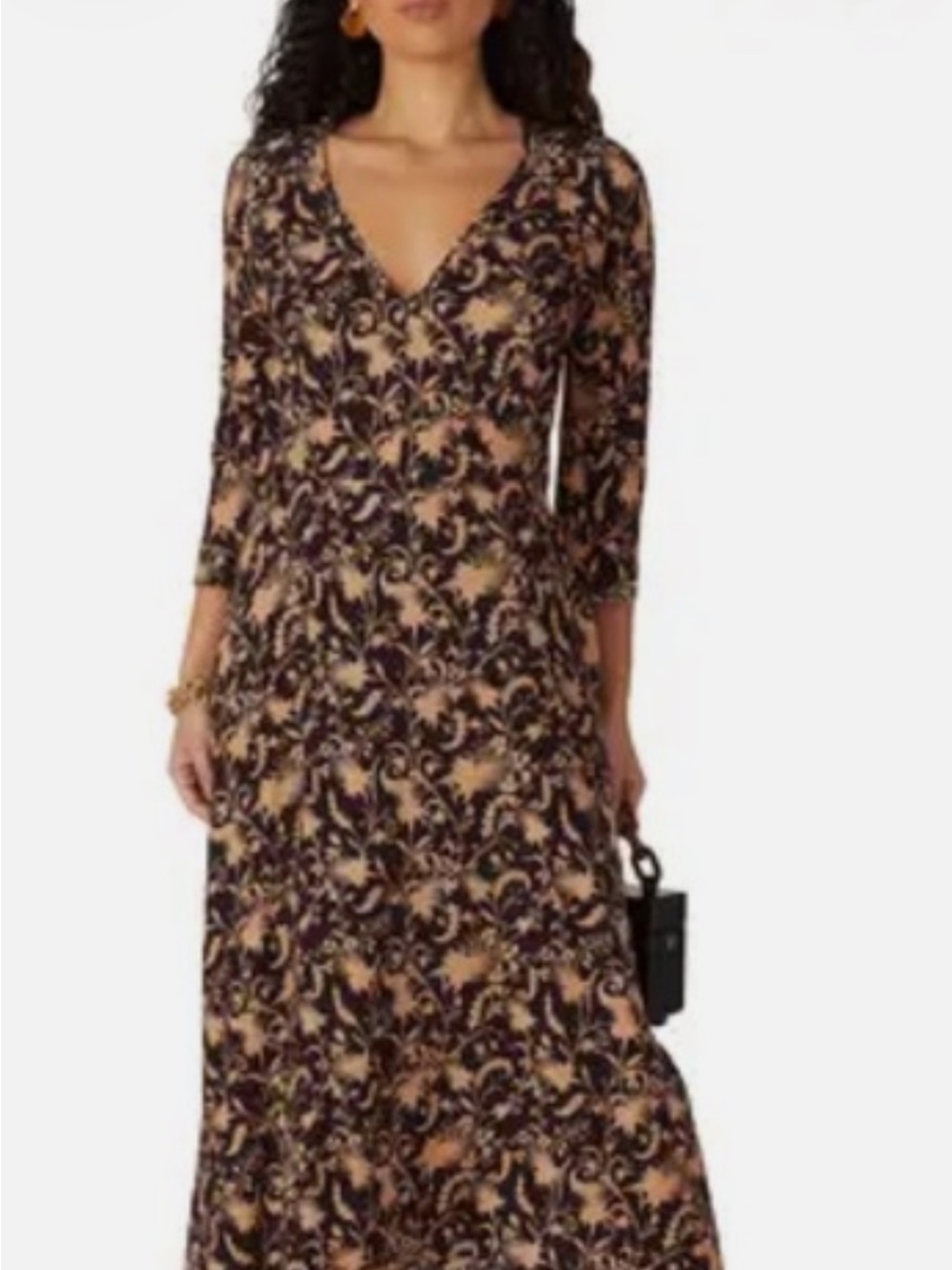 Zero + Maria Cornejo Black and Tan V-Neck Floral Midi Dress